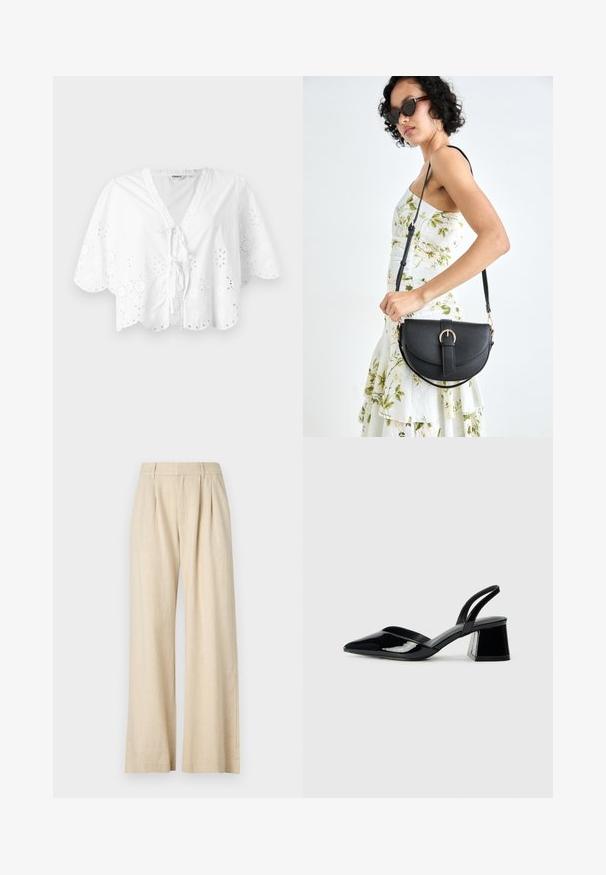 Hvit bluse med V-hals, korte ermer og bølget kant. Blonder broderi langs kantene, med knyte-lukking foran.; Beige vide benbukser med en teksturert overflate, med en plisserte front, en tettsittende midje og ingen synlige maskinvare eller dekorasjoner.; Svarte patentlær slingback hæler med spiss tå og geometrisk blokk hæl. Har et stilrent, minimalistisk design og jevn tekstur.; Svart lærveske med en buet form, avtagbar stropp og gullbeslag. Vesken har et klaff med spenne-detall.