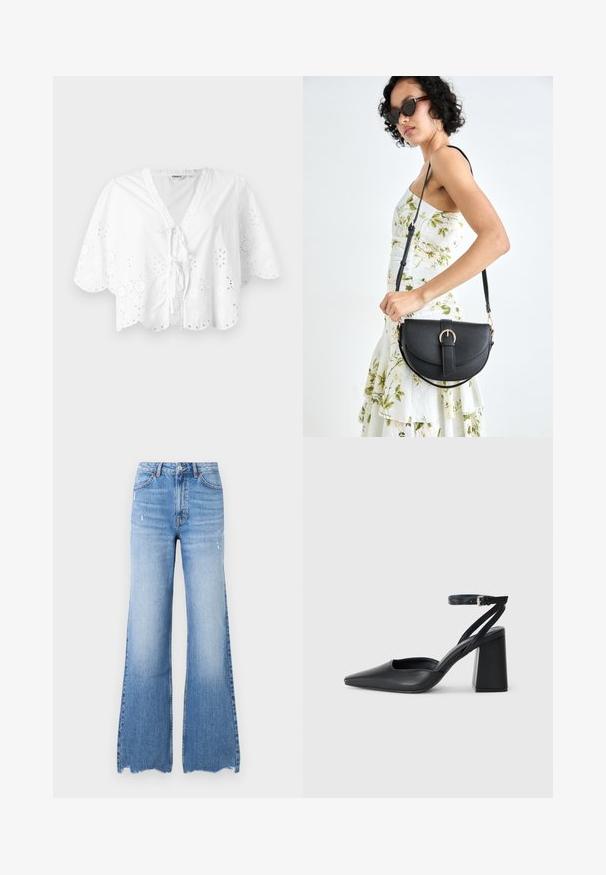 Blusa branca com decote em V, mangas curtas e barra com recortes em forma de ondas. Detalhe de bordado em ilhós ao longo das bordas, com fecho em laço na frente.; Jeans flare de denim azul claro com cintura alta, detalhes desgastados e bainha crua. Apresenta cinco bolsos e um fechamento clássico com botão.; Sandal com biqueira afilada em couro preto, com cinta no tornozelo e salto grosso. Textura lisa, design elegante e estética minimalista.; Bolsa de couro preta com forma curva, alça destacável e detalhes em dourado. A bolsa possui uma aba com detalhe de fivela.