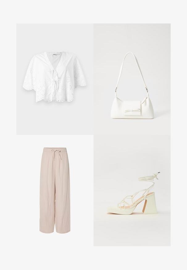 Blusa branca com decote em V, mangas curtas e barra com recortes em forma de ondas. Detalhe de bordado em ilhós ao longo das bordas, com fecho em laço na frente.; Calças largas de cor rosa claro, feitas de um tecido texturizado, com cintura elástica e cordão ajustável. Design casual e de corte solto.; Sandálias brancas de salto alto com um salto robusto, apresentando um design com tiras e amarração no tornozelo. Textura suave com uma plataforma na frente para altura adicional.; Mala sintética branca com formato triangular, aba frontal plana e detalhe de laço, alça ajustável, textura suave e design minimalista.
