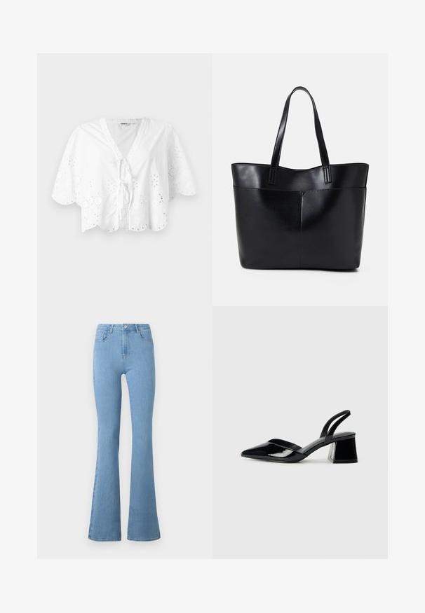 Balta bluzelė su V formos dekolte, trumpomis rankovėmis ir banguota apačia. Aplink kraštus yra akių siuvinėjimo detalės, o priekyje yra užrišamas užsegimas.; Šviesiai mėlynos plačios džinsinės kelnės, pagamintos iš džinsinio audinio, su aukštu liemeniu, penkiais kišenėmis, priekiniais užtrauktukais ir metaliniu sagčių užsegimu.; Juodos lakuotos odinės šlepetės su smailiu pirštu ir geometriniu bloko kulnu. Turi elegantišką, minimalistinį dizainą ir lygų paviršių.; Juoda odinė rankinė su dviem ilgais diržais, lygiu paviršiumi ir struktūrizuota forma. Yra priekinė kišenė papildomam saugojimui.