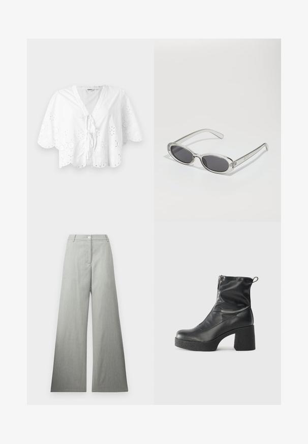 Hvit bluse med V-hals, korte ermer og bølget kant. Blonder broderi langs kantene, med knyte-lukking foran.; Lys grå vide ben bukser laget av teksturert stoff, med frontknapplukking og ren, flat midje. Ingen synlige mønstre eller detaljer.; Svarte ankelstøvler laget av glatt lær, med glidelås på siden, chunky strukturert hæl, og rund tå-design.; Solbriller med oval form, klar plastramme, mørkegrå linser og tynne gjennomsiktige armer med logopunksjoner og minimal detaljering.; Svart lærveske med en buet form, avtagbar stropp og gullbeslag. Vesken har et klaff med spenne-detall.