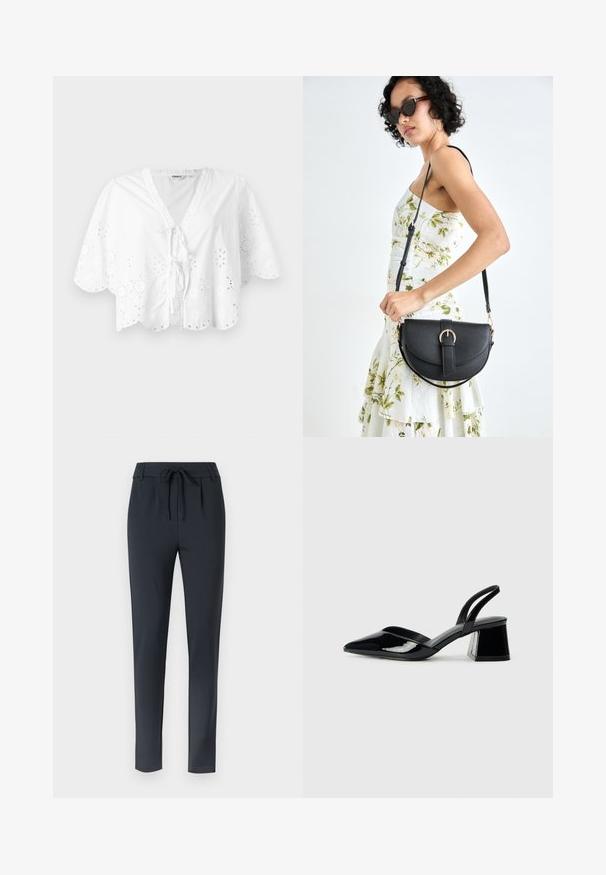 Balta bluzelė su V formos dekolte, trumpomis rankovėmis ir banguota apačia. Aplink kraštus yra akių siuvinėjimo detalės, o priekyje yra užrišamas užsegimas.; Tamsiai mėlynos, prigludusios kelnės su raišteliu, pagamintos iš minkštos, elastingos medžiagos, su lygiu priekiu ir siaurėjančiu modeliu.; Juodos lakuotos odinės šlepetės su smailiu pirštu ir geometriniu bloko kulnu. Turi elegantišką, minimalistinį dizainą ir lygų paviršių.; Juodas odinis krepšys su išlenkta forma, nuimamu dirželiu ir auksiniais detalėmis. Krepšys turi kilpą su sagtimi.