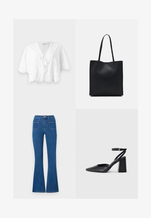 Blusa branca com decote em V, mangas curtas e barra com recortes em forma de ondas. Detalhe de bordado em ilhós ao longo das bordas, com fecho em laço na frente.; Jean azul com boca de sino e cintura alta, feito de denim. Apresenta dois bolsos traseiros e um fecho de botão metálico na frente. Design limpo e minimalista.; Sandal com biqueira afilada em couro preto, com cinta no tornozelo e salto grosso. Textura lisa, design elegante e estética minimalista.; Bolsa tote preta em couro com textura lisa, forma retangular e duas alças longas. Sem hardware ou enfeites visíveis.