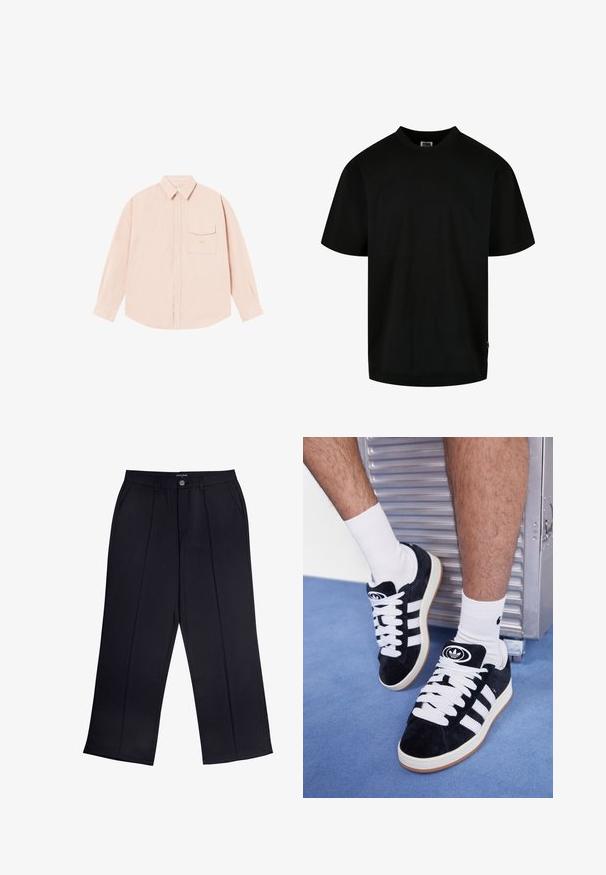 Světle růžová dlouhá košile s dlouhým rukávem vyrobená z jemné tkaniny, s límečkem na knoflíky, přední kapsou a nenápadným vyšitým logem na hrudi.; Černé tričko vyrobené z bavlny, s kulatým výstřihem a krátkými rukávy, volného střihu. Jednoduchý design, bez vzorů či grafik.; Černé široké kalhoty vyrobené z hladkého materiálu, vybavené zipovým zapínáním, knoflíkovým uzávěrem a předními kapsami. Výrazný sklady podél každého nohavice.; Černé semišové tenisky s bílými tkaničkami a třemi bílými pruhy. Mají kulatou černou logo na jazyku a gumovou podrážku.