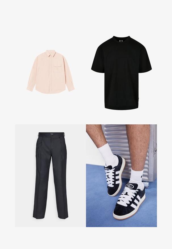 Svetloružová košeľa s dlhým rukávom vyrobená z mäkkej látky, s golierom na gombíky, prednou vreckom a jemne vyšitým logom na hrudi.; Čierne tričko vyrobené z bavlny, s okrúhlym výstrihom a krátkymi rukávmi, vo voľnom strihu. Jednoduchý dizajn, bez vzorov alebo grafiky.; Tmavomodré nohavice na mieru s skladmi, vyrobené z hladkej tkaniny. Obsahujú zapínanie na gombík a pútka na opasok. Čistý, rovný strih.; Čierne semišové tenisky s bielymi šnúrkami a tromi bielymi pruhmi. Obsahujú kruhové čierne logo na jazyku a gumovú podrážku.