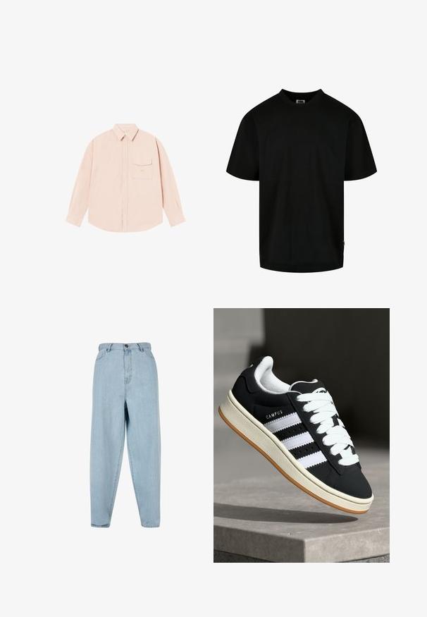 Hele roosa pika varrukaga särk pehmest kangast, millel on nööpidega krae, ees tasku ja diskreetne tikand loogol rinna peal.; Must musta T-särk, mis on valmistatud puuvillast, ümarate kaelustega ja lühikeste varrukatega, lahtise lõikega. Lihtne disain, ilma mustrite või graafikata.; Heledad sinised kõrge vöökohtadega teksad, millel on mugav lõige. Omab esist nuppu, tõmbluku sulgemist ja viie-tasku disaini. Kergelt tuhm värvi tekstuur.; Mustad vabaajajalats valgete triipudega, paeltega kinnitatav, tekstuurse pealiskihiga ja kummist tald. Küljel on kirjas "CAMPUS" logo ja tald on kolmnurga kujuline.