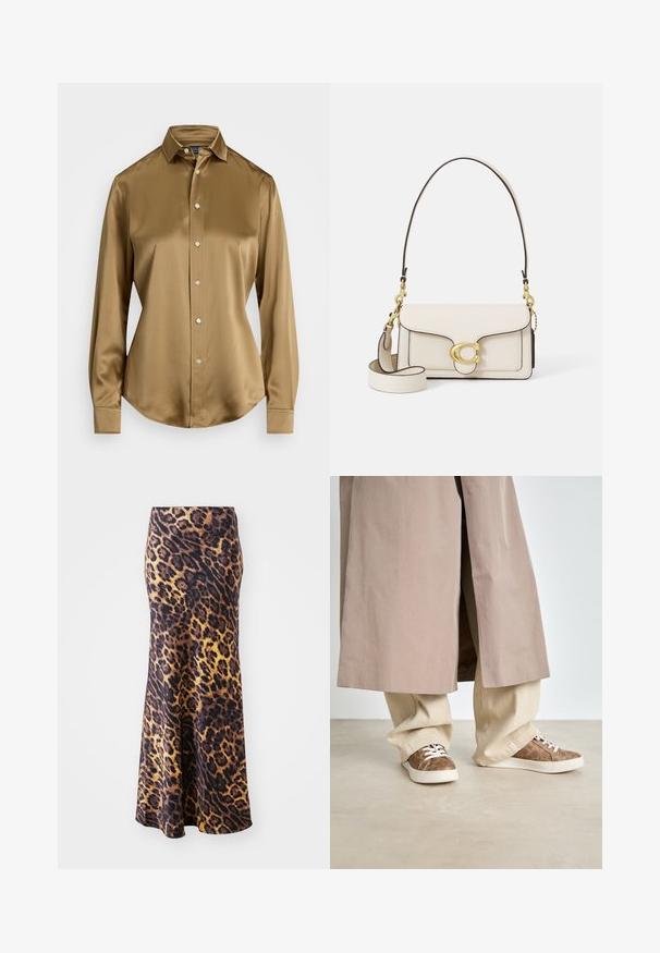 Camisa de satén marrón con cuello puntiagudo, mangas largas y cierre de botones en la parte delantera. Presenta un dobladillo curvado y textura suave. Los botones frontales son de color plateado.; Falda maxi de estampado de leopardo hecha de tela suave; ajustada en la cintura, se ensancha hasta una ligera caída en el dobladillo, con patrones en marrón y beige muy llamativos.; Abrigo trench beige sobre pantalones de pierna ancha en beige claro. Zapatillas marrones con un patrón texturizado y cordones blancos. Suelo suave y minimalista.; Bolso de mano de cuero crema con un diseño estructurado, bordes negros contrastantes, herrajes dorados y una correa desmontable con un logo distintivo.