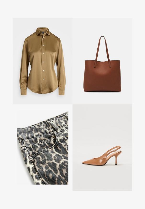 Chemise en satin marron avec col pointu, manches longues et fermeture à boutons à l'avant. Présente un ourlet incurvé et une texture lisse. Les boutons à l'avant sont en argent.; Tissu en denim à motif léopard avec des tons noirs et beige, rivets en métal, poches cousues et une conception de taille structurée.; Escarpin à talon slingback à bout pointu en matériau beige lisse et brillant. Présente un design de découpes courbées et un talon aiguille fin. Détail de boucle en argent.; Sac fourre-tout en cuir marron avec une texture lisse, design à ouverture supérieure et deux poignées pour le porter à l'épaule. Présente des coutures minimales et aucun matériel visible.