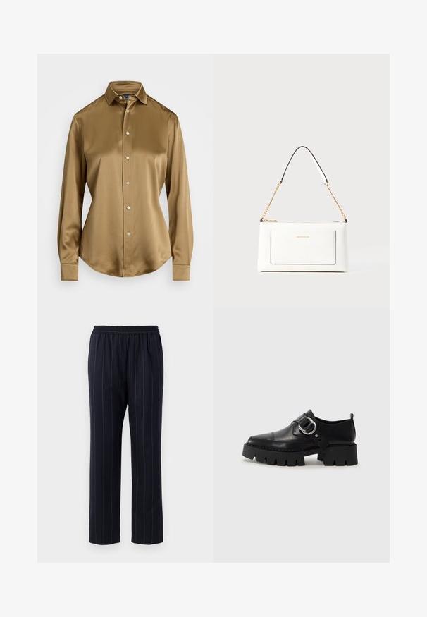 Ruda satino marškiniai su smaigalio apykakle, ilgomis rankovėmis ir mygtukų užsegimu priekyje. Turi išlenktą apatinę dalį ir sklandžią tekstūrą. Priekiniai mygtukai yra sidabro spalvos.; Tamsiai mėlyni kelnes su vertikaliomis juostelėmis, elastinga juosmens juosta, tiesaus kirpimo dizainas, lygus paviršius ir be matomų kišenių.; Juodos odinės bateliai su masyviu, grioveliuotu padu, su apvaliu sidabro detalės akcentu ir minimaliais siuvimo elementais.; Balta odinė rankinė su tekstūruotu paviršiumi, turinti auksinį grandinėlės dirželį ir juodas detales. Įskaičiuota priekinė kišenė ir užtrauktuko uždarymas.