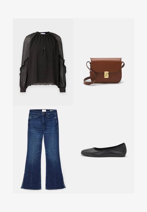 Hofmann Copenhagen XENIA - Blouse - black; Donkerblauwe uitlopende jeans gemaakt van denim. Beschikt over een hoge taille, voorzakken en splitdetails aan de zoom. Klassiek vijfzakontwerp.; Zwarte leren ballerina met een ronde neus, gladde textuur, minimale stikdetails en een flexibele zoolontwerp.; Bruine leren handtas met een klep sluiting, gouden hardware, een schouderband en een gladde textuur. Compact rechthoekige vorm.
