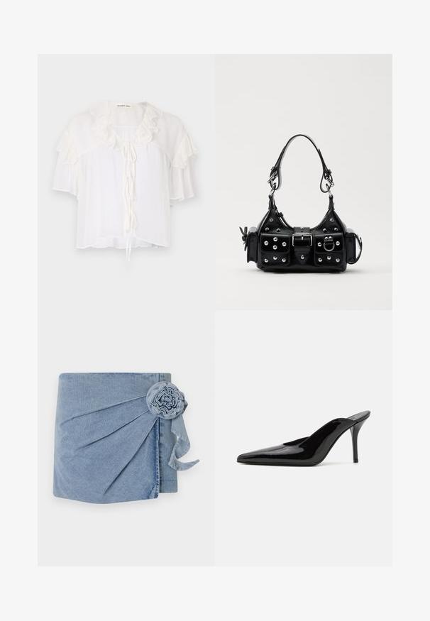 Blusa branca de manga curta feita de tecido leve, com detalhes em babados em volta do decote e das mangas. Com laços à frente.; Envoltorio de denim com um tom azul claro, pregueado intrincado e um detalhe de flor decorativa com uma fita pendente. Textura suave e design casual.; Mule de salto alto em couro envernizado preto com ponta fina e uma silhueta elegante, apresentando um calcanhar aberto e um salto stiletto esbelto.; Bolsa de couro preta com um design curvado, apresentando tachas prateadas, uma fivela e dois bolsos laterais. Alça ajustável para opções de transporte.