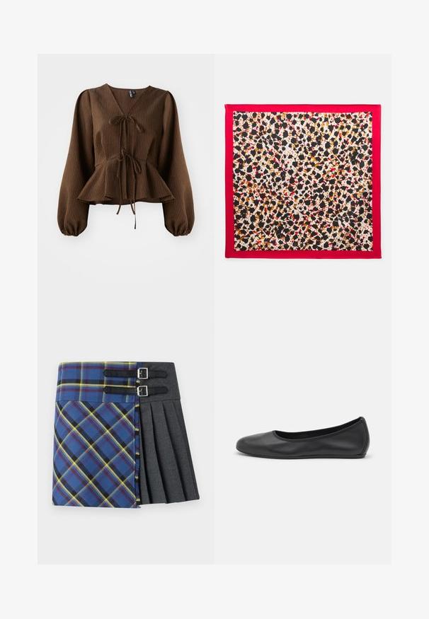 Hnedá, rypsová blúzka s dlhými, pufovanými rukávmi, výstrihom do V a páskom zvýrazňujúcim peplum tvar. Ľahký textilný materiál.; Tartanová sukňa s modro-zeleno-žltým károm, s plisovanou šedou časťou, upevnená dvoma čiernymi pásikmi so striebornými prackami.; Čierne kožené baleríny s okrúhlou špičkou, hladkým povrchom, minimálnym prešívaním a flexibilným dizajnom podrážky.; Hodvábny štvorec šatka s červeným okrajom. V strede sa nachádza abstraktný škvrnitý vzor v čiernej, hnedej a oranžovej farbe na svetlom pozadí.; Hnedá kožená kabelka s dvoma pevným uchami, obdĺžnikovým tvarom, hladkým povrchom a zipsovým uzáverom. Minimalistický dizajn bez viditeľných vzorov.