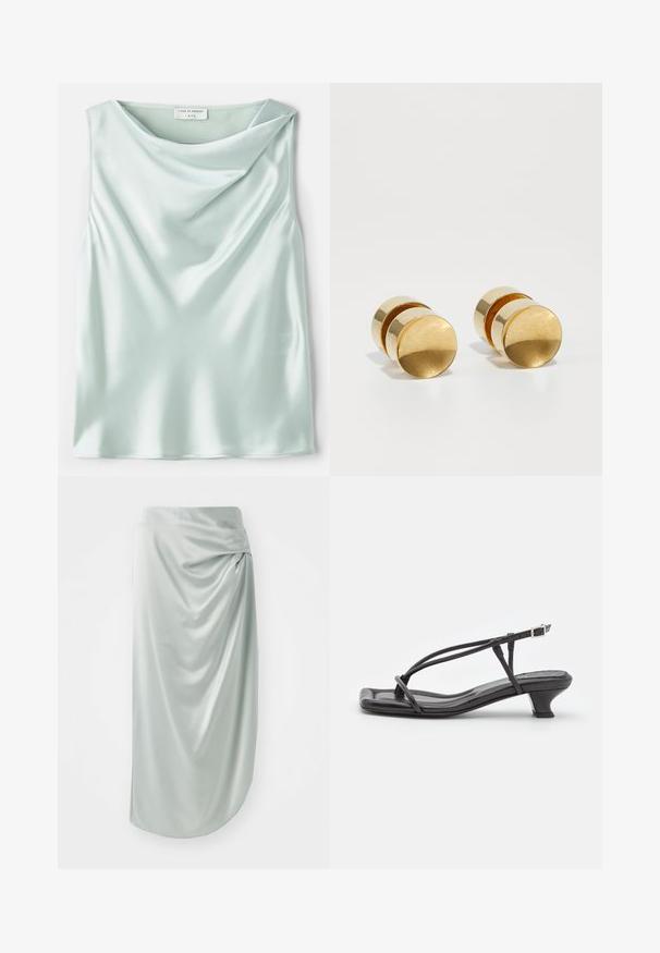 Lichtblauw satijnen mouwloos topje met een gedrapeerde kraag en een gladde textuur. Het label leest "Tiger of Sweden 1993."; Lichtgroene satijnen rok met gedrapeerd ontwerp, middellang, gladde textuur, met een strikdetail aan de zijkant voor extra visuele interesse.; Zwarte leren sandaal met dunne banden, lage blokhak en vierkante neus. Heeft een gespsluiting en een zachte textuur.; Gouden metalen oorbellen met een eenvoudige ronde vorm, voorzien van een gladde afwerking en een gecentraliseerde gepolijste band. Heeft een diameter van ongeveer 1 cm.