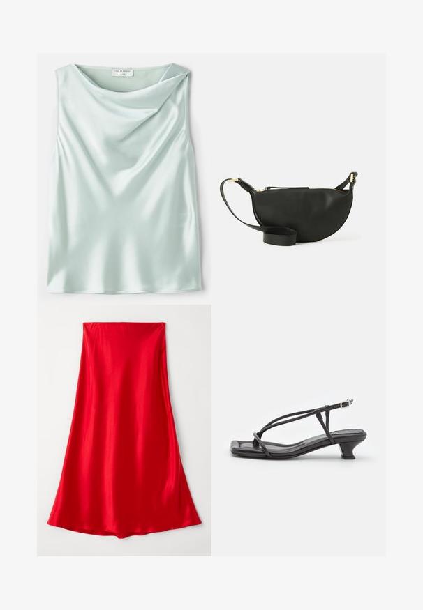 Haut sans manches en satin bleu clair avec un col drapé et une texture lisse. L'étiquette indique "Tiger of Sweden 1993."; Jupe en satin rouge avec une texture lisse, pleine longueur, et un design fluide s'effilant au niveau de l'ourlet. Couleur unie et simple sans ornements.; Sandal en cuir noir avec des fines lanières, un petit talon carré et un bout carré. Dispose d'une fermeture à boucle et d'une texture lisse.; Sac bandoulière en cuir noir de forme demi-lune, surface texturée, fermeture éclair dorée et bandoulière plate. Design compact adapté pour les essentiels.; Boucles d'oreilles en perles argentées avec une forme incurvée en haricot. Surface lisse et brillante, maintenues par une fermeture à tige et à dos.