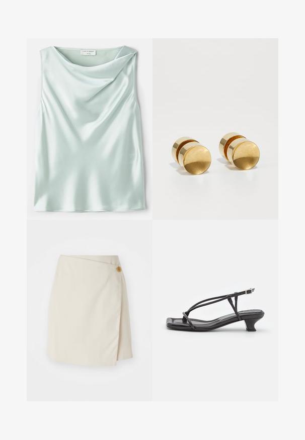 Világoskék selyem ujjatlan top, drapírozott cowl nyakkivágással és sima textúrával. A címke szerint "Tiger of Sweden 1993."; Beige rakott szoknya oldalán gombos záródással, egyszínű anyagból, letisztult vonalakkal és sima textúrával, amelyet az illeszkedő sziluett kialakításához terveztek.; Fekete bőr szandál vékony pántokkal, alacsony blokk sarkú és négyzetes orrú. Csattal záródik és sima textúrájú.; Arany fém fülbevalók egyszerű, kerek formával, sima felülettel és középen fényes sávval. Átmérője körülbelül 1 cm.