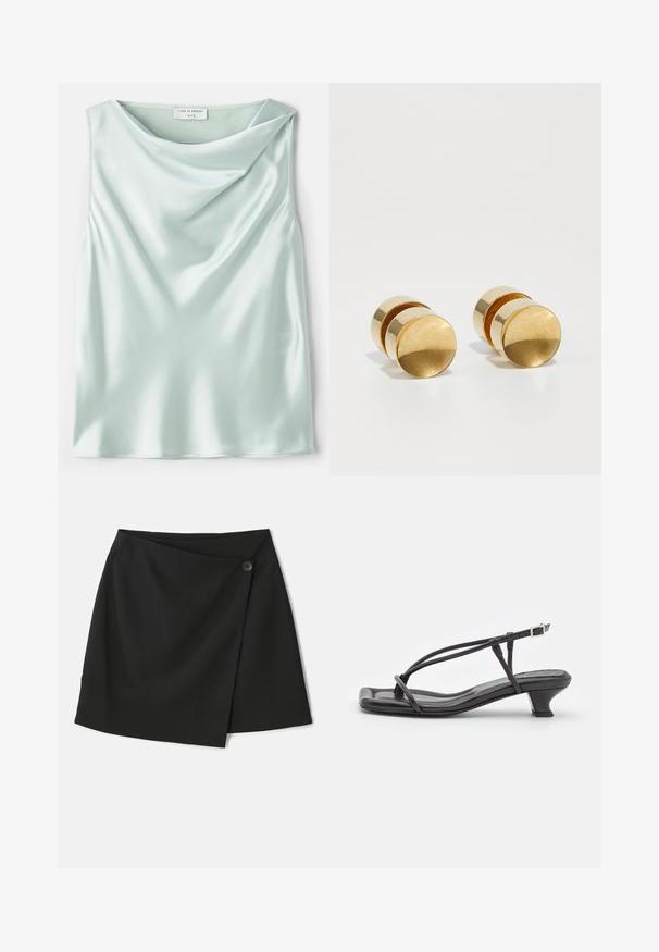 Lichtblauw satijnen mouwloos topje met een gedrapeerde kraag en een gladde textuur. Het label leest "Tiger of Sweden 1993."; Zwarte wikkelrok met een soepele stofstructuur, asymmetrisch ontwerp en een zijknopsluiting voor extra detail.; Zwarte leren sandaal met dunne banden, lage blokhak en vierkante neus. Heeft een gespsluiting en een zachte textuur.; Gouden metalen oorbellen met een eenvoudige ronde vorm, voorzien van een gladde afwerking en een gecentraliseerde gepolijste band. Heeft een diameter van ongeveer 1 cm.