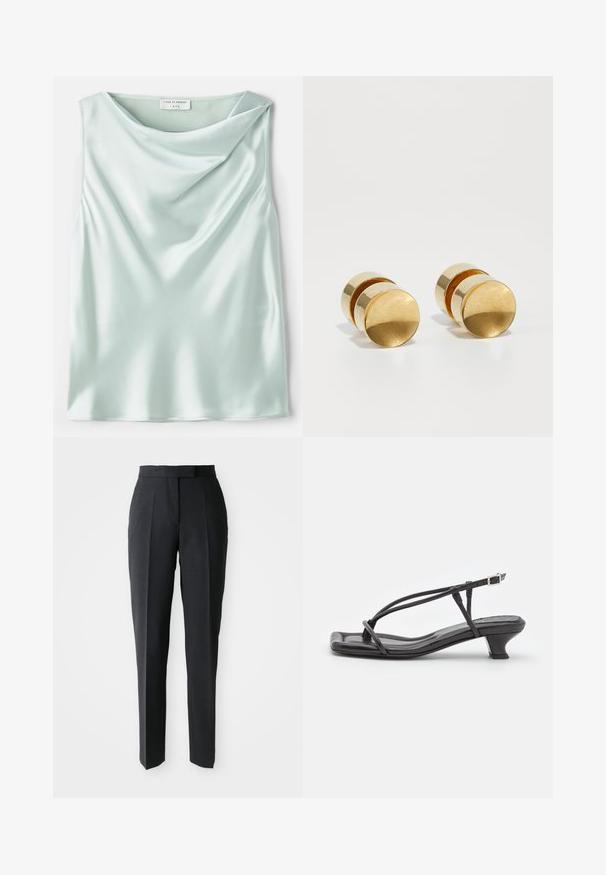 Jasnoniebieski satynowy top bez rękawów z drapowanym dekoltem w kształcie cynku i gładką teksturą. Metka głosi "Tiger of Sweden 1993."; Czarne, dopasowane spodnie o prostym kroju z wysokim stanem i plisami z przodu, wyeksponowane na jasnym, jednolitym tle.; Czarne skórzane sandały z cienkimi paskami, niskim blokowym obcasem i kwadratowym noskiem. Posiadają zapięcie na klamrę i gładką teksturę.; Złote metalowe kolczyki o prostym, okrągłym kształcie, z gładkim wykończeniem i centralnym wypolerowanym pasem. Mają średnicę około 1 cm.