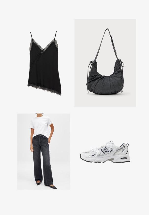 Zwarte asymmetrische camisole met dunne spaghettibandjes, voorzien van delicate kantafwerking langs de halslijn, diagonale naad en zoom.; Zwarte wijde jeans met een hoge taille, vijf zakken en subtiele whiskering. Gecombineerd met een eenvoudige witte t-shirt en zwarte puntige flats.; Witte sport schoen met mesh bovenkant, marineblauwe accenten en een gehoorzaamde zool. Bevat het "N" logo, veters en een gestructureerde detail aan de zijkant.; Zachte zwarte schoudertas van stof met geplooide details, verstelbare strap en gestrikte trekkoorden aan elke kant, gepresenteerd op een witte achtergrond.