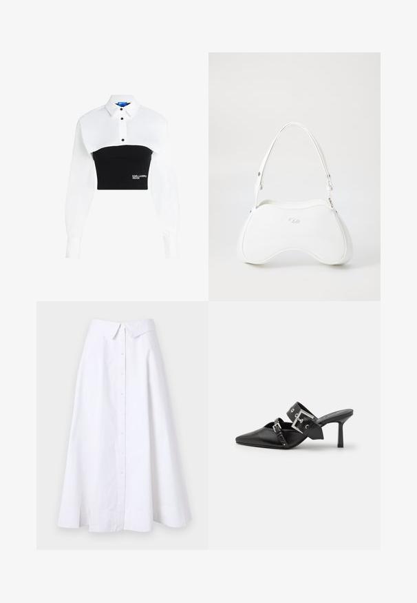 Chemise courte avec un col blanc et un bas noir ajusté, ornée de boutons et du logo "KARL LAGERFELD JEANS" sur le devant.; Jupe longue blanche en tissu léger, avec un devant boutonné, un ourlet large et un col structuré. Texture lisse sans motif visible.; Mules noires à talons hauts avec un bout pointu, en cuir lisse. Dotées d'une large sangle à la cheville avec une boucle carrée en argent et des clous.; Sac à main blanc avec une surface lisse et brillante, forme courbée et une seule bandoulière ajustable. Il présente un logo embossé à l'avant.