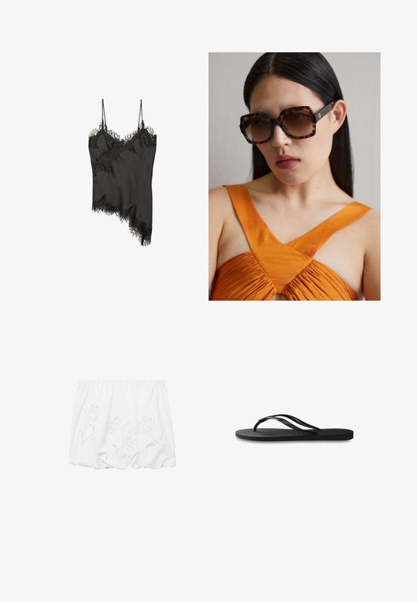 Sort camisole med delikat blonderand langs kanterne, asymmetrisk design, justerbare stropper og glat satinlignende stof.; Hvid off-shoulder top i let stof, med blomsterbroderi og indsamlet design langs den elastiske halsudskæring.; Sorte flip-flop med en tekstureret gummisål, to slanke stropper og et subtilt, præget logodetalje på stroppen.; Brune skildpaddemønstrede oversized solbriller med en bred rektangulær kant og gradientlinser. Guldfarvet logo detalje på siden.; Hvid læderhåndtaske med gulddetaljer, der har en klaplukning og en aftagelig, justerbar rem. Rundet metalaccent i midten.