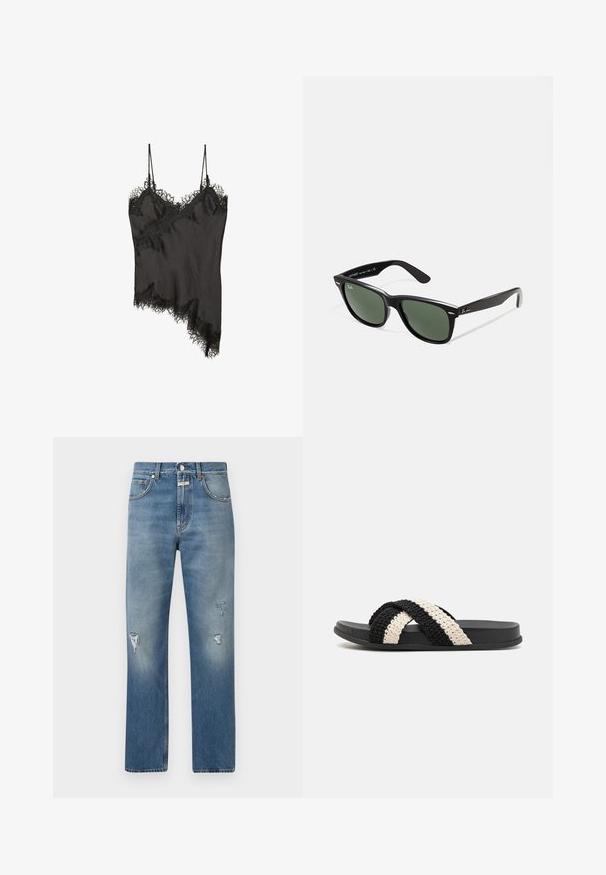Czarna kamizelka z delikatnym koronkowym wykończeniem na brzegach, asymetrycznym krojem, regulowanymi ramiączkami i gładkim, satynowym materiałem.; Szara bawełniana koszulka z krótkim rękawem, okrągłym dekoltem i luźnym krojem. Powierzchnia jest gładka, a szwy są widoczne wzdłuż brzegów.; Jasnoniebieskie dżinsy o luźnym kroju, z przetarciami i zamkiem błyskawicznym. Klasyczny fason pięciu kieszeni oraz proste nogawki.; Czarny i kremowy pleciony sandał na płaskiej gumowej podeszwie, z dwoma przeplatanymi, plecionymi paskami z miękkiego, teksturowanego materiału.; Czarne plastikowe okulary przeciwsłoneczne z zielonymi szkłami, kwadratowe oprawki, srebrny akcent na brwi oraz fakturowane ramiona temple. Nazwa marki podana na wewnętrznej stronie ramion.; Prostokątna torba na ramię z czarno-beżowym wzorem wężowej skóry, długim, pętelkowym paskiem i zamkiem błyskawicznym na górze.