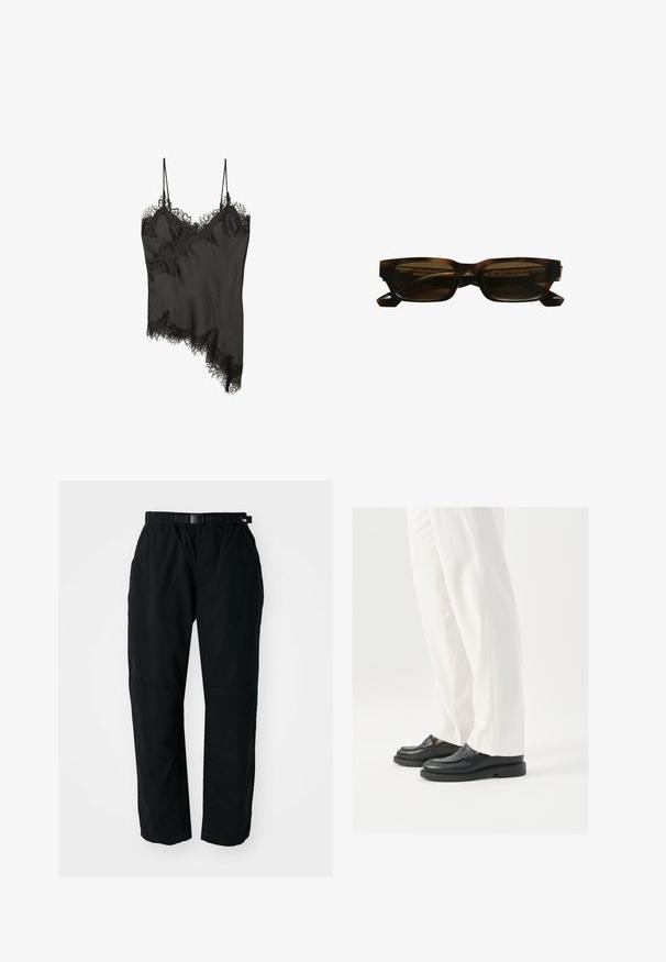 Mustapaita, jossa on hieno pitsireuna reunoilla, epäsymmetrinen muotoilu, säädettävät hihnat ja sileä satiinin kaltainen kangas.; Mustat kevyet housut, joissa on joustava vyötärö ja säädettävä vyö. Housuissa on kapenevat lahkeet ja vahvistetut polviosat kestävyys varten.; Musta nahkakengät, joissa on sileä pinta, ompelusedet ja pyöristetty kärki, yhdistetty valkoisiin räätälöityihin housuihin.; Silmukankaan muotoiset aurinkolasit, joissa on tummat linssit, paksut asetaatin kehykset ja kulmikkaat templet. Brändin nimi näkyy sisäisessä varressa.