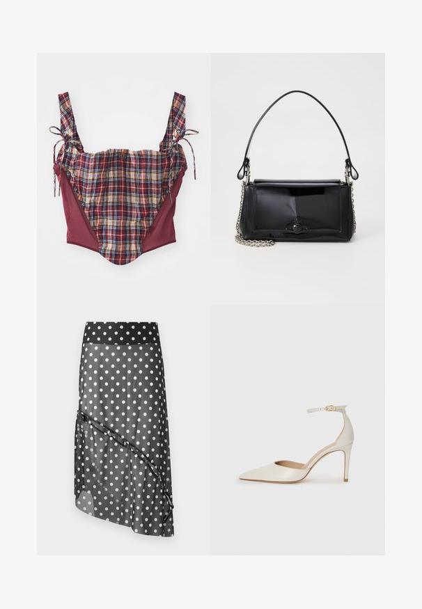 Karirani krojeni top z bordo panalami, nastavljivimi vrvicami in karo teksturo. Ima majhen logotip na sprednji strani.; Črna krilna krilka s pikicami in prosojno plastjo, ki ima širok pas in plastev z asimetričnim dizajnom. Gladka tekstura in lahkoten material.; Bela usnjena čevlja na visoki peti z ozkim prstom, trakom okoli gležnja in tanko stiletto peto. Gladka tekstura z rahlim sijočim finišem.; Črna lakirana usnjena torbica pravokotne oblike, s verižnim trakom in značilnim kovinskim detajlom na sredini. Gladka textura.