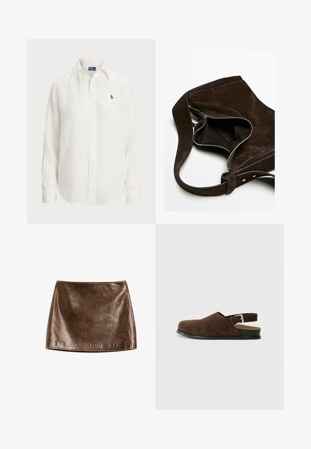 Chemise en lin blanche à manches longues, col boutonné et boutons sur le devant. Présente un petit logo brodé bleu sur la poitrine.; Jupe mini métallique brune avec une texture lisse et brillante. Présente un design simple et des lignes épurées, avec un ourlet droit en bas.; Chaussure en suédine marron à enfiler avec un petit talon, une sangle ajustable avec une boucle en argent et une semelle en caoutchouc noire.; Sac à bandoulière en suédine marron foncé avec fermeture éclair argentée partiellement ouverte, large bandoulière réglable et doublure intérieure en tissu noir.