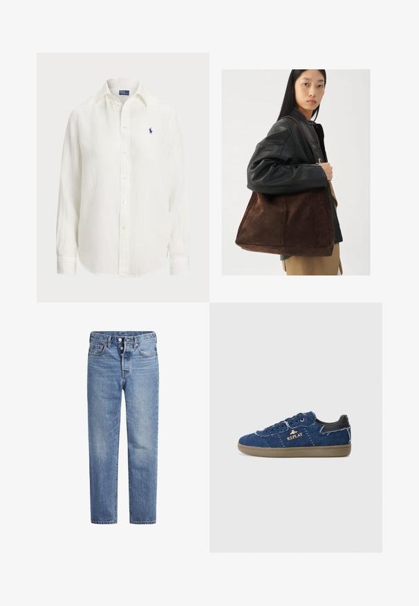 Weißes Leinenhemd mit langen Ärmeln, Button-Down-Kragen und Knöpfen auf der Vorderseite. Verfügt über ein kleines blaues gesticktes Logo auf der Brust.; Helle blaue Jeans im geraden Schnitt, mit fünf Taschen und einem Knopfverschluss. Sie weisen dezente Verfärbungen und orangefarbene Nähte auf.; Replay PYPER - Sneaker low - blue; Braune Wildleder-Tasche mit breiter Form und weicher Textur, ausgestattet mit einem einzigen Tragegurt und minimalem Zubehör vor einem neutralen Hintergrund.