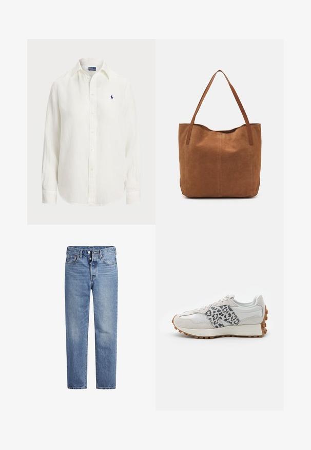 Biała lniana koszula z długimi rękawami, z kołnierzykiem zapinanym na guziki oraz guzikami z przodu. Posiada małe niebieskie wyszywane logo na piersi.; Jasnoniebieskie jeansy denimowe o prostym kroju, z pięcioma kieszeniami i zapięciem na guziki. Charakteryzują się delikatnym wyblaknięciem oraz pomarańczowymi przeszyciami.; Białe sneakersy z szarymi akcentami w leopardzie, wykonane z zamszu i skóry, z teksturowaną podeszwą i gumową podeszwą zewnętrzną, okrągłym noskiem oraz sznurowanym fasonem.; Brązowa zamszowa torba tote z dwoma długimi uchwytami, charakteryzująca się gładką teksturą, prostym wzornictwem oraz brakiem widocznych elementów metalowych czy akcentów.