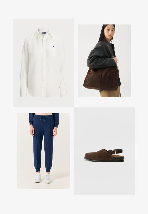 Weißes Leinenhemd mit langen Ärmeln, Button-Down-Kragen und Knöpfen auf der Vorderseite. Verfügt über ein kleines blaues gesticktes Logo auf der Brust.; Jimmy Key HIGH WAIST JOGGER - Jogginghose - dark blue; Braune Wildleder-Ballenrutscher mit niedrigem Absatz, verstellbarem Riemen mit silberner Schnalle und schwarzer Gummisohle.; Braune Wildleder-Tasche mit breiter Form und weicher Textur, ausgestattet mit einem einzigen Tragegurt und minimalem Zubehör vor einem neutralen Hintergrund.