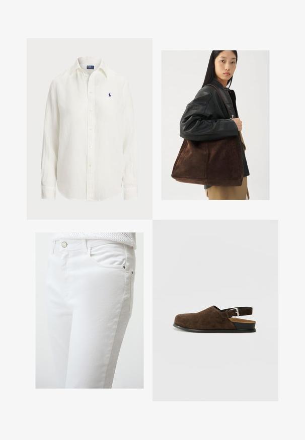 Witte linnen blouse met lange mouwen, knoopsluiting en knopen aan de voorkant. Heeft een klein blauw geborduurd logo op de borst.; Witte denim jeans met een gladde textuur, met een voorklep, zilveren knoopsluiting en zijnaaddetails.; Bruin suède instapper met een lage hak, een verstelbare band met een zilveren gesp en een zwarte rubberen zool.; Bruine suède tote bag met een brede vorm en zachte textuur, voorzien van een enkele schouderband en minimale hardware tegen een neutrale achtergrond.