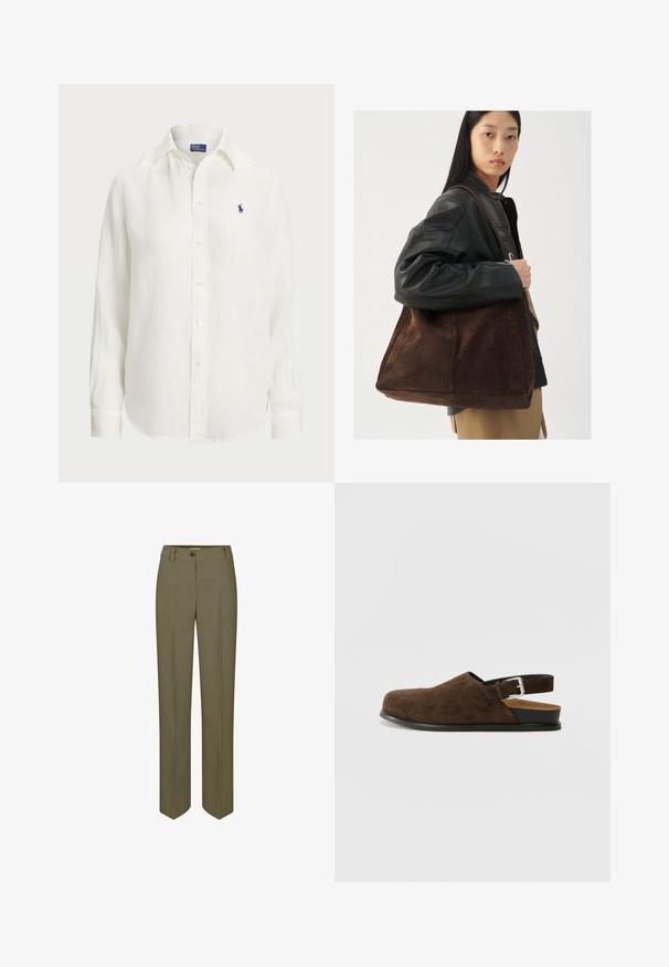 Vit linneskjorta med långa ärmar, krage med knappar och knappar framtill. Har en liten blå broderad logotyp på bröstet.; Olivgröna skräddarsydda byxor med rak benpassform, enkel knappstängning och två framfållar, med en slät, vävd textur.; Bruna mockaskor med låg klack, justerbart band med ett silverfärgat spänne och en svart gummisula.; Brun bälte av mocka med en bred form och mjuk textur, som har ett enda handtag och minimal hårdvara mot en neutral bakgrund.