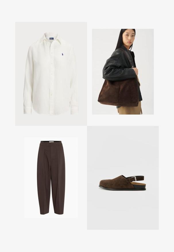Weißes Leinenhemd mit langen Ärmeln, Button-Down-Kragen und Knöpfen auf der Vorderseite. Verfügt über ein kleines blaues gesticktes Logo auf der Brust.; Braune, gefaltete Hosen mit hohem Bund, aus einem glatten, strukturierten Stoff und mit schmal zulaufenden Beinen, die eine lockere Passform bieten.; Braune Wildleder-Ballenrutscher mit niedrigem Absatz, verstellbarem Riemen mit silberner Schnalle und schwarzer Gummisohle.; Braune Wildleder-Tasche mit breiter Form und weicher Textur, ausgestattet mit einem einzigen Tragegurt und minimalem Zubehör vor einem neutralen Hintergrund.