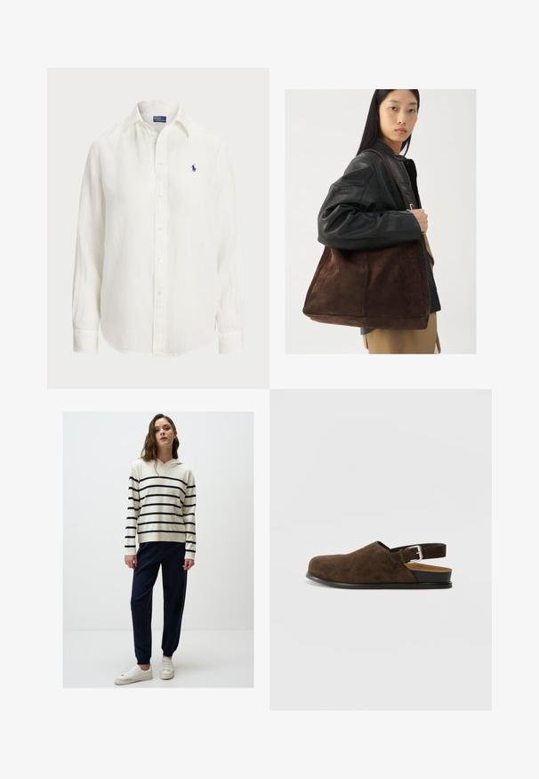 Weißes Leinenhemd mit langen Ärmeln, Button-Down-Kragen und Knöpfen auf der Vorderseite. Verfügt über ein kleines blaues gesticktes Logo auf der Brust.; Cremefarbener Kapuzenpullover mit marineblauen Streifen, kombiniert mit marineblauen tapered Pants und weißen Sneakers. Glatte Textur, lässige Passform und elastische Bündchen.; Braune Wildleder-Ballenrutscher mit niedrigem Absatz, verstellbarem Riemen mit silberner Schnalle und schwarzer Gummisohle.; Braune Wildleder-Tasche mit breiter Form und weicher Textur, ausgestattet mit einem einzigen Tragegurt und minimalem Zubehör vor einem neutralen Hintergrund.