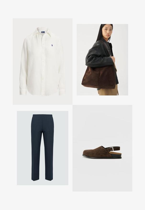 Witte linnen blouse met lange mouwen, knoopsluiting en knopen aan de voorkant. Heeft een klein blauw geborduurd logo op de borst.; Navybroek met een rechte pijp, gemaakt van een gladde stof, met een platte voorkant en zonder zichtbare stiksels of zakken.; Bruin suède instapper met een lage hak, een verstelbare band met een zilveren gesp en een zwarte rubberen zool.; Bruine suède tote bag met een brede vorm en zachte textuur, voorzien van een enkele schouderband en minimale hardware tegen een neutrale achtergrond.