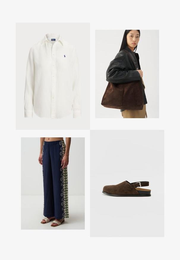 Biała lniana koszula z długimi rękawami, z kołnierzykiem zapinanym na guziki oraz guzikami z przodu. Posiada małe niebieskie wyszywane logo na piersi.; Jimmy Key - Spodnie materiałowe; Brązowy zamszowy but wsuwany z niskim obcasem, regulowanym paskiem z srebrną klamrą i czarną gumową podeszwą.; Brązowa zamszowa torba typu tote o szerokim kształcie i miękkiej teksturze, z pojedynczym uchwytem i minimalnym wykończeniem na neutralnym tle.