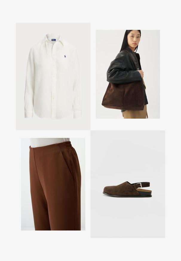 Biała lniana koszula z długimi rękawami, z kołnierzykiem zapinanym na guziki oraz guzikami z przodu. Posiada małe niebieskie wyszywane logo na piersi.; Brązowe spodnie o wysokim stanie z gładką fakturą, z bocznymi kieszeniami i elastycznym pasem dla zapewnienia komfortu.; Brązowy zamszowy but wsuwany z niskim obcasem, regulowanym paskiem z srebrną klamrą i czarną gumową podeszwą.; Brązowa zamszowa torba typu tote o szerokim kształcie i miękkiej teksturze, z pojedynczym uchwytem i minimalnym wykończeniem na neutralnym tle.
