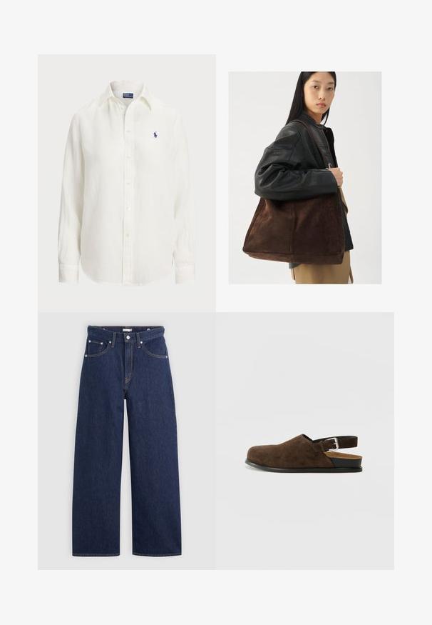 Fehér vászon ing hosszú ujjakkal, gombos gallérral és elöl gombokkal. A mellkason egy kicsi, kék hímzett logó található.; Sötétkék farmer, bő szárú nadrág magas derekú fazonnal, öt zsebbel, övhurkokkal és réz színű varrási részletekkel. Sima textúrájú.; Barna szarvasbőr slip-on cipő alacsony sarokkal, állítható pánttal ezüst csattal és fekete gumitalppal.; Barna velúr válltáska széles formával és puha textúrával, egyetlen pánttal és minimális fémalkatrészekkel egy semleges háttér előtt.