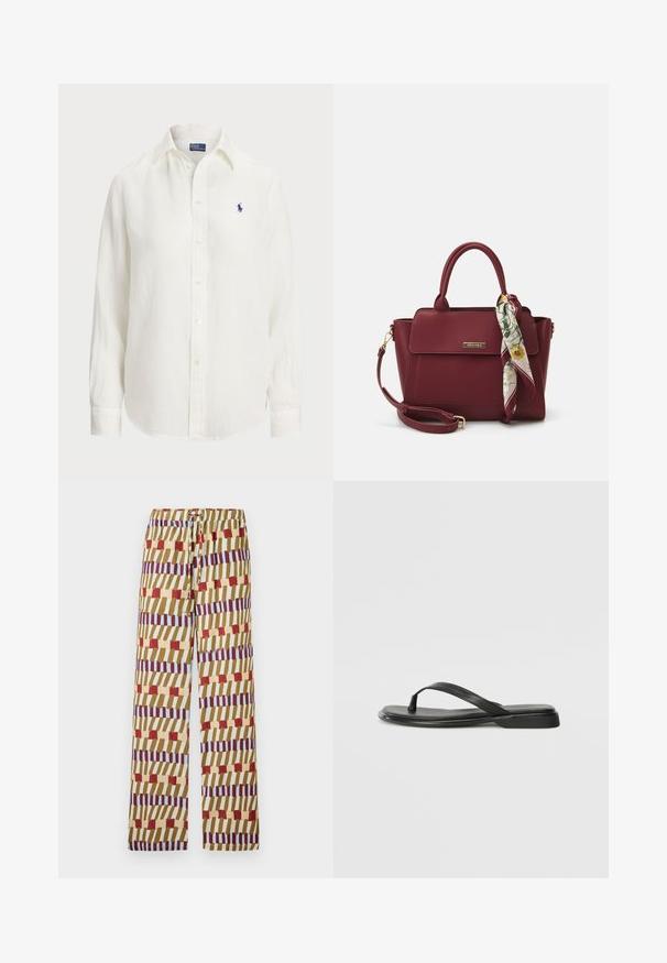Camisa de lino blanca con mangas largas, cuello tipo button-down y botones en la parte frontal. Presenta un pequeño logotipo bordado en azul en el pecho.; Pantalones coloridos con estampado y cinturilla con cordón, hechos de una tela ligera. El diseño incluye rayas en rojo, azul y amarillo.; Chancla negra de piel suave, con un diseño de tira delgada y una suela plana de perfil mínimo. Sin patrones ni acentos notables.; Bolso burdeos de material sintético con un diseño estructurado, que cuenta con una correa desmontable y una bufanda con estampado floral atada al asa.