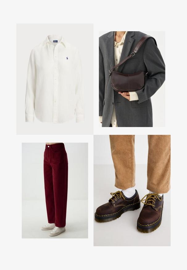 Witte linnen blouse met lange mouwen, knoopsluiting en knopen aan de voorkant. Heeft een klein blauw geborduurd logo op de borst.; Bordeaux corduroy pantalon met een recht model, voorzien van zijzakken en een knoopsluiting, gedragen met witte sneakers.; Bruine leren schoenen met gele stiksels, ronde neus, dikke platformzool en contrasterende zwarte accenten. G gedragen met witte sokken en corduroypantalons.; Bruine leren schoudertas met een gebogen ontwerp, voorzien van een afneembare schouderband, zachte textuur en zichtbare stiksels.