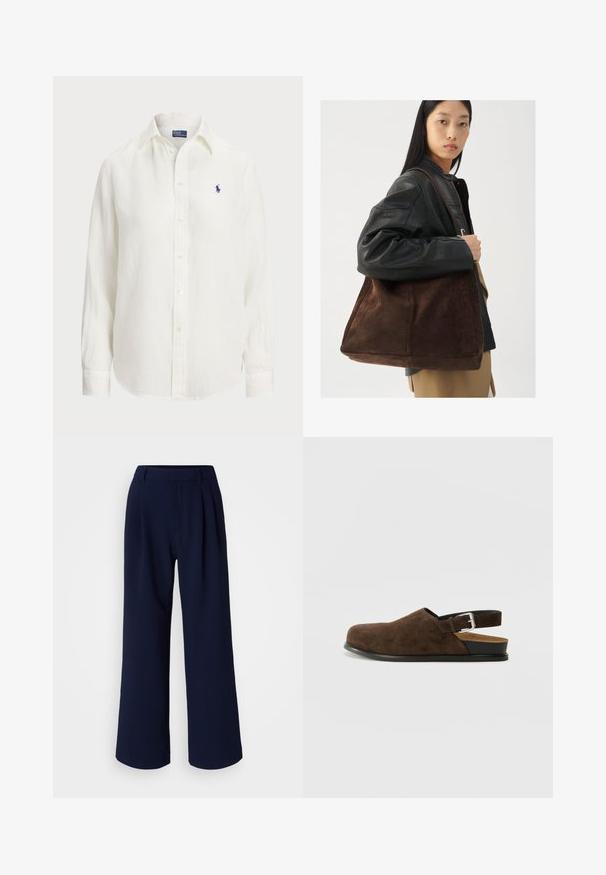 Fehér vászon ing hosszú ujjakkal, gombos gallérral és elöl gombokkal. A mellkason egy kicsi, kék hímzett logó található.; Sötét navy színű, bővített szárú nadrág, elöl pliszírozással, sima szövettel és klasszikus derékkal. Nincs látható zseb vagy díszítőelem.; Barna szarvasbőr slip-on cipő alacsony sarokkal, állítható pánttal ezüst csattal és fekete gumitalppal.; Barna velúr válltáska széles formával és puha textúrával, egyetlen pánttal és minimális fémalkatrészekkel egy semleges háttér előtt.