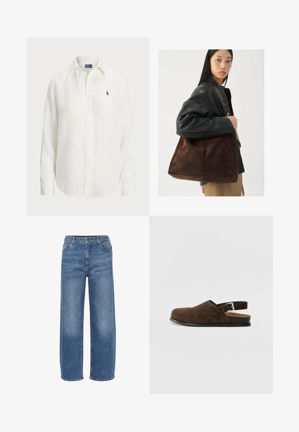 Balta liniška marškiniai su ilgomis rankovėmis, mygtukų užsegimu priekyje ir apykakle. Vientisą krūtinės dalyje puošia mažas mėlynas išsiuvinėtas logotipas.; Šviesiai mėlynos, plačios džinsinės kelnės. Turi aukštą liemenį, klasikinį penkių kišenių dizainą ir matomą siūlę palei siūles.; Rudos suede'o slip-on tipo batai su žemu kulnu, reguliuojama juosta su sidabriniu sagtimi ir juodu guminimu padu.; Rudos aksomo pintinės krepšys su plačia forma ir minkšta tekstūra, turintis vieną dirželį ir minimalų furnitūrą prieš neutralią fono spalvą.