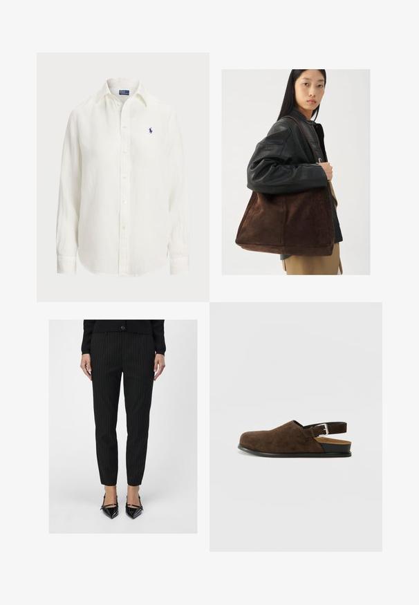 Valge linane särk pikade varrukatega, nööpide ja allapoole painutatud kaelusega. Ees on nööbid. Rinnal on väike sinine brodeeritud logo.; Mustriga mustad pükste ülikond on õige lõikega ja sujuva tekstuuriga. Ühendatud läikivate mustade terava ninaga kingadega, mis rõhutavad voolujoonelist välimust.; Pruunid nahast libisemisega kingad madala kontsaga, reguleeritav rihm hõbedase klambriga ja must kummitald.; Pruun suede totes kott laia kujuga ja pehme tekstuuriga, millel on üks rihm ja minimaalne riistvara neutraalses taustas.