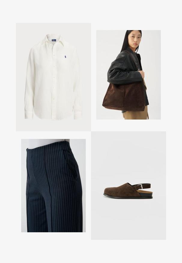 Witte linnen blouse met lange mouwen, knoopsluiting en knopen aan de voorkant. Heeft een klein blauw geborduurd logo op de borst.; Marineblauwe, gestreepte broek van rekbaar materiaal met een gladde textuur. Voorzien van schuine zijzakken en een getailleerde pasvorm.; Bruin suède instapper met een lage hak, een verstelbare band met een zilveren gesp en een zwarte rubberen zool.; Bruine suède tote bag met een brede vorm en zachte textuur, voorzien van een enkele schouderband en minimale hardware tegen een neutrale achtergrond.