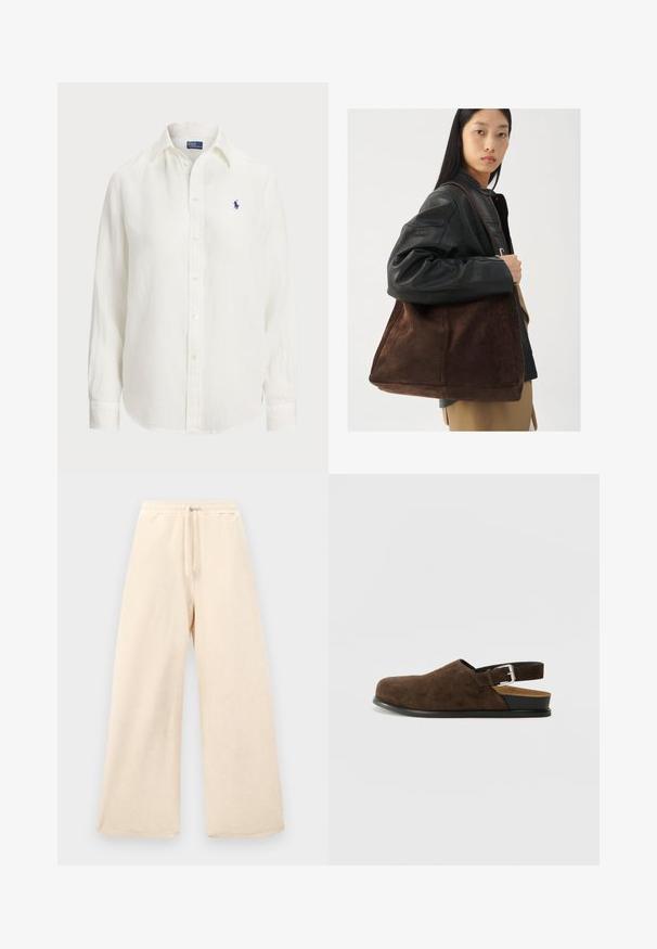 Hvid linnedskjorte med lange ærmer, knap-ned krave og knapper foran. Har et lille blåt broderet logo på brystet.; Bredde benbukser i lysbeige, lavet af et struktureret stof. Har en elastisk talje med snoretræk. Enkel, udekoreret design.; Brune ruskinds slip-on sko med lav hæl, en justerbar rem med en sølv spænde og en sort gummisål.; Brun ruskind tote taske med en bred form og blød tekstur, der har en enkelt strop og minimal hardware mod en neutral baggrund.
