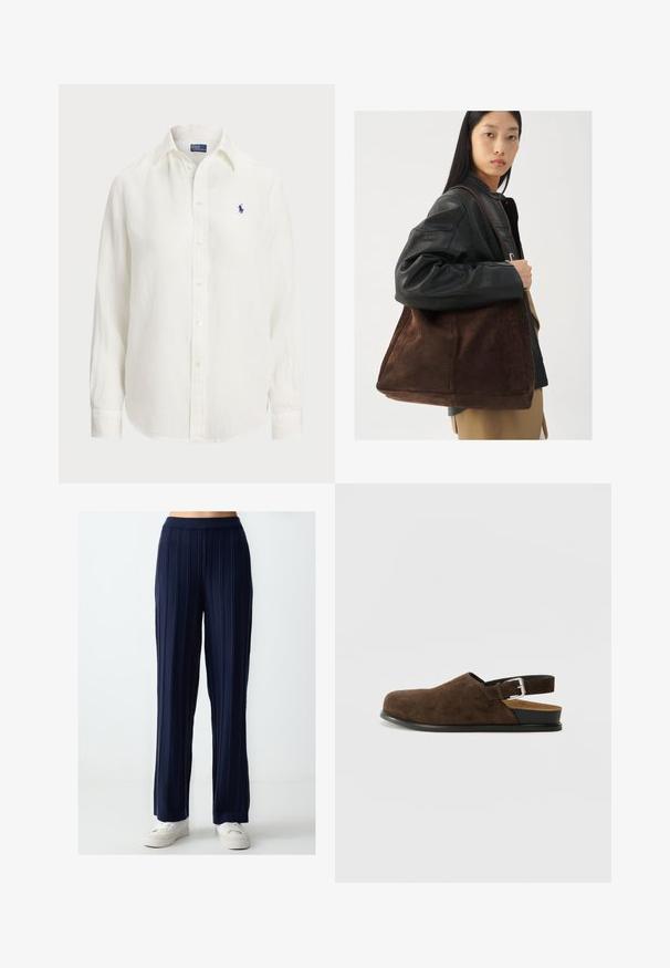 Witte linnen blouse met lange mouwen, knoopsluiting en knopen aan de voorkant. Heeft een klein blauw geborduurd logo op de borst.; Marineblauwe wijde broek met verticale ribbeltextuur, elastische tailleband en ontspannen pasvorm, gecombineerd met witte casual sneakers.; Bruin suède instapper met een lage hak, een verstelbare band met een zilveren gesp en een zwarte rubberen zool.; Bruine suède tote bag met een brede vorm en zachte textuur, voorzien van een enkele schouderband en minimale hardware tegen een neutrale achtergrond.