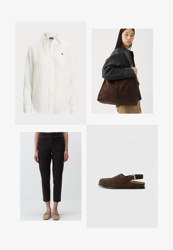 Biała lniana koszula z długimi rękawami, z kołnierzykiem zapinanym na guziki oraz guzikami z przodu. Posiada małe niebieskie wyszywane logo na piersi.; Ciemnobrązowe spodnie o średnim stanie wykonane z mieszanki bawełny, z wąskim krojem i przednimi kieszeniami, o gładkiej fakturze. Skrócona długość powyżej kostki.; Brązowy zamszowy but wsuwany z niskim obcasem, regulowanym paskiem z srebrną klamrą i czarną gumową podeszwą.; Brązowa zamszowa torba typu tote o szerokim kształcie i miękkiej teksturze, z pojedynczym uchwytem i minimalnym wykończeniem na neutralnym tle.