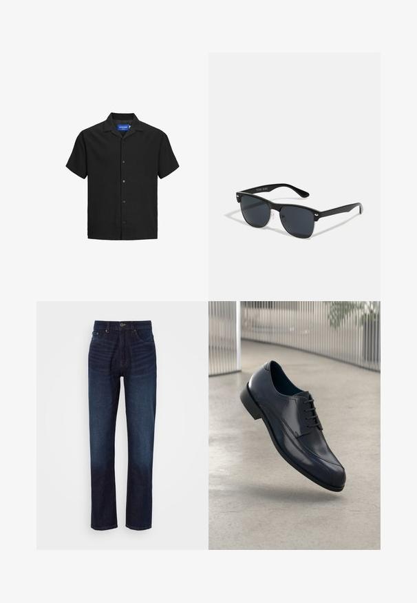 Crna košulja kratkih rukava s ovratnikom, izrađena od teksturirane tkanine, s gumbima sprijeda i ravnim rubom. Oznaka s logom unutar vrata.; Tamno plave traperice s ravnim nogavicama, s patentnim zatvaračem, pet džepova i izblijedjelim dijelovima sprijeda za kontrast.; Sjajna crna kožna cipelica s vezicama, koja lebdi iznad glatkog, svijetlosive podloge i vertikalnih metalnih šipki u pozadini.; Crne sunčane naočale pravokutnog oblika, tamne leće, srebrni detalji na sljepoočnicama i matirajuća završna obrada okvira.