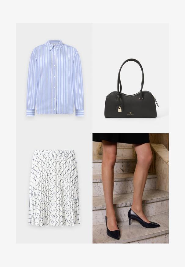 Svijetloplena košulja dugih rukava s bijelim vertikalnim prugama, s kragnom na kopčanje i prednjim zatvaranjem na gumbe; glatka tkanina s strukturiranim dizajnom.; Bijela suknja s nabranim dizajnom, koja ima mornarsko plavu geometrijsku šaru preklapajućih linija. Elastična struk s detaljem vezanja.; Tamno plave cipele na visokoj peti s šiljastim vrhom, s glatkom i teksturiranom površinom koja podsjeća na krokodilsku kožu.; Crna torba od teksturiranog sintetičkog materijala s zakrivljenim dizajnom, zlatnim hardverom, dva ručka i odvojivim akcentom u obliku brave.